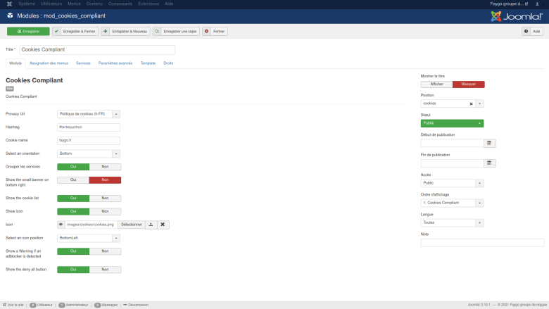Interface d'administration du plugin cookies joomla